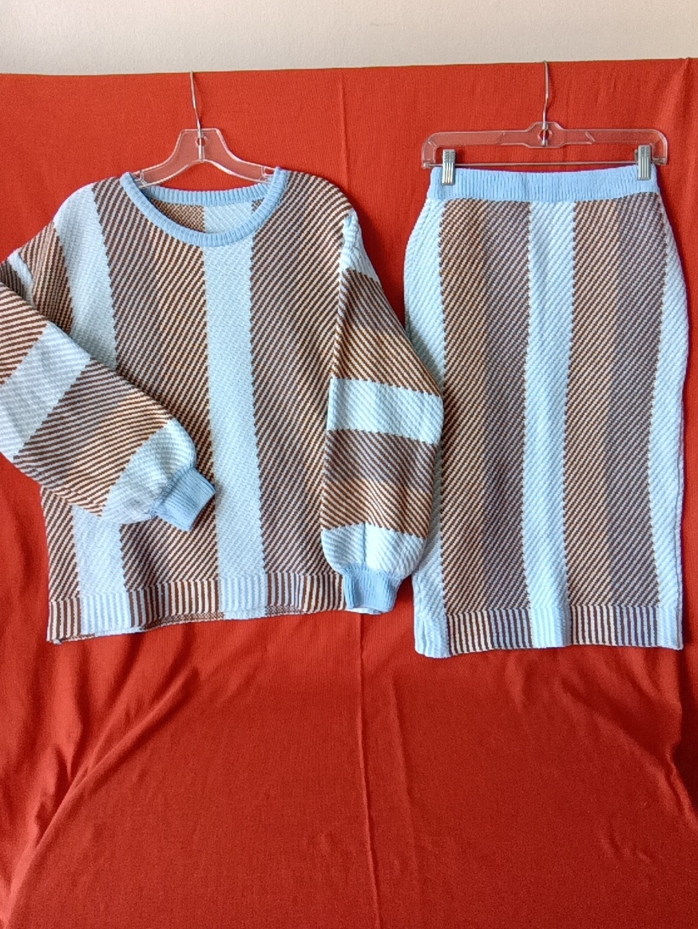 Striped Knit Sweater & Skirt Set in Light Blue and Brown